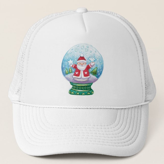 Cute Christmas Snowglobe Santa Claus, Star, Bird Trucker Hat (Front)