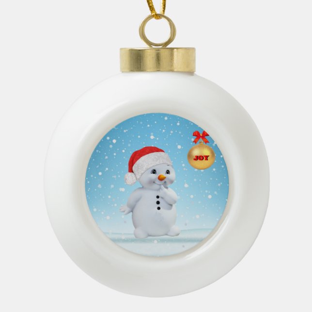 Cute Christmas Snowman and snowflakes Ceramic Ball Christmas Ornament (Front)