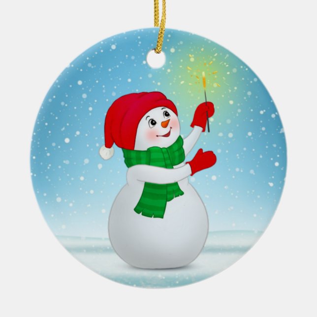 Cute Christmas Snowman and snowflakes Ceramic Tree Decoration (Front)