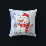 Cute Christmas Snowman Cushion<br><div class="desc">A cute Christmas snowman who is kind of chubby and jolly wearing  a striped scarf and a red christmas hat. Snowflakes and bokeh style lighting make up the background.</div>