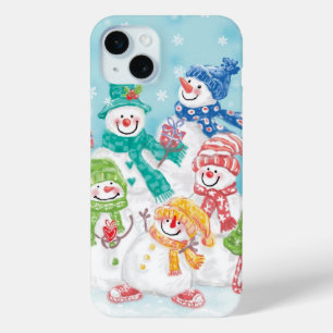 Cute Christmas Snowman Family in the Snow iPhone 15 Mini Case