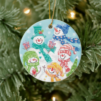 Cute Christmas Snowman Family in the Snow Ceramic Tree Decoration
