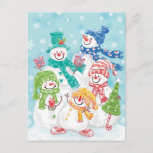 Cute Christmas Snowman Family in the Snow Holiday Postcard