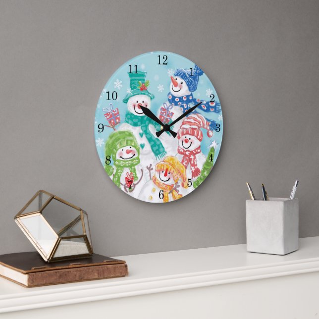 Cute Christmas Snowman Family in the Snow Large Clock (Office)