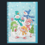 Cute Christmas Snowman Family in the Snow Notebook<br><div class="desc">Vintage illustration Merry Christmas holiday design featuring an adorable cartoon happy snowman family with mum, dad and the snow children. Everyone is smiling and wearing a scarf and holding Christmas presents and a Christmas tree. It is snowing with large snowflakes falling. Their scarves and hats are all different colours, red,...</div>