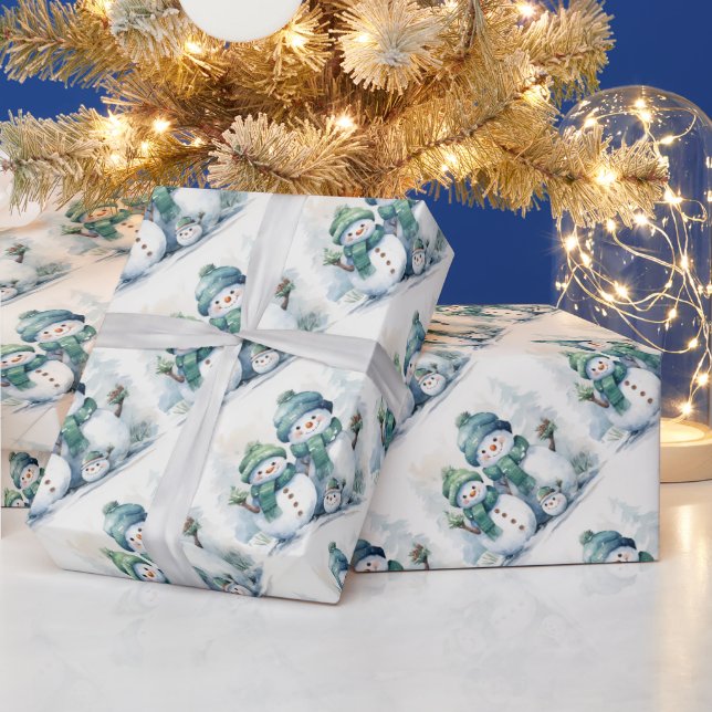Cute Christmas Snowman Family Wrapping Paper (Holidays)