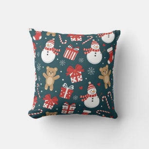 “Cute Christmas Snowman & Gifts Pattern Pillow” Cushion