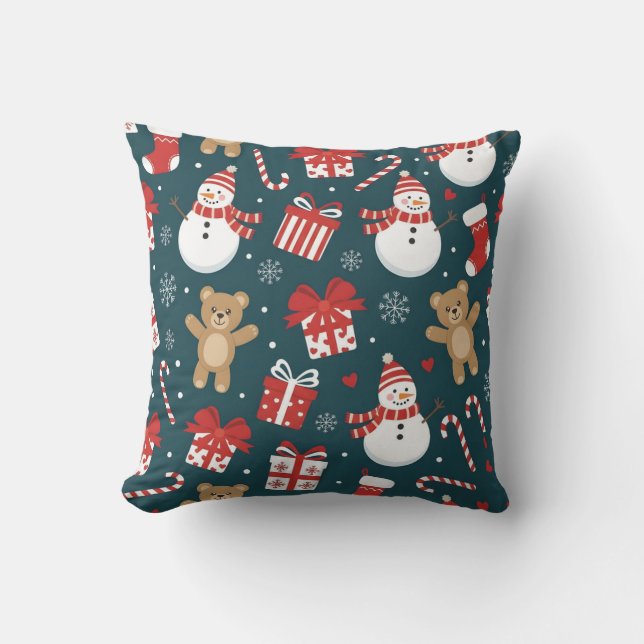 “Cute Christmas Snowman & Gifts Pattern Pillow” Cushion (Front)