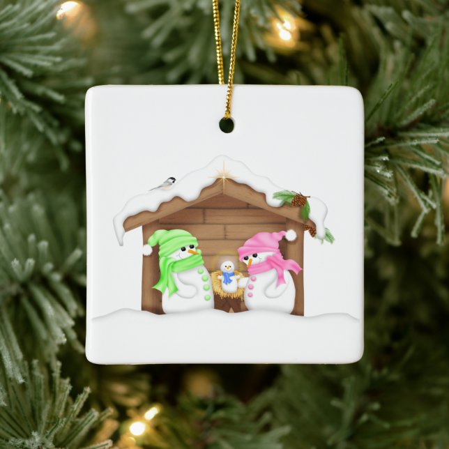 Cute Christmas Snowman Manger Ceramic Ornament (Tree)