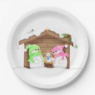Cute Christmas Snowman Manger Paper Plate