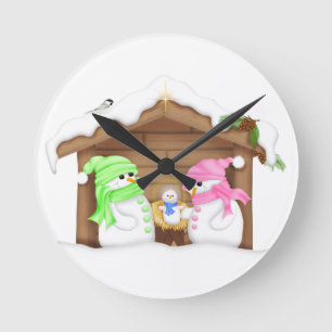 Cute Christmas Snowman Manger Round Clock