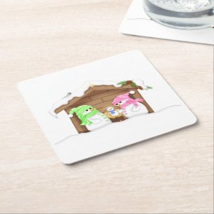 Cute Christmas Snowman Manger Square Paper Coaster