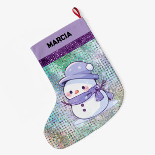 Cute Christmas Snowman Pastel Purple  Large Christmas Stocking
