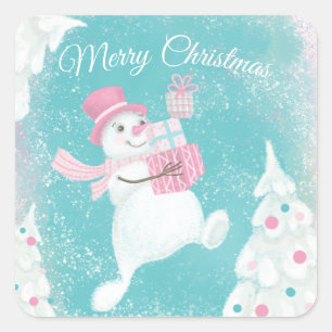 Cute Christmas Snowman Pink and Mint Square Sticker