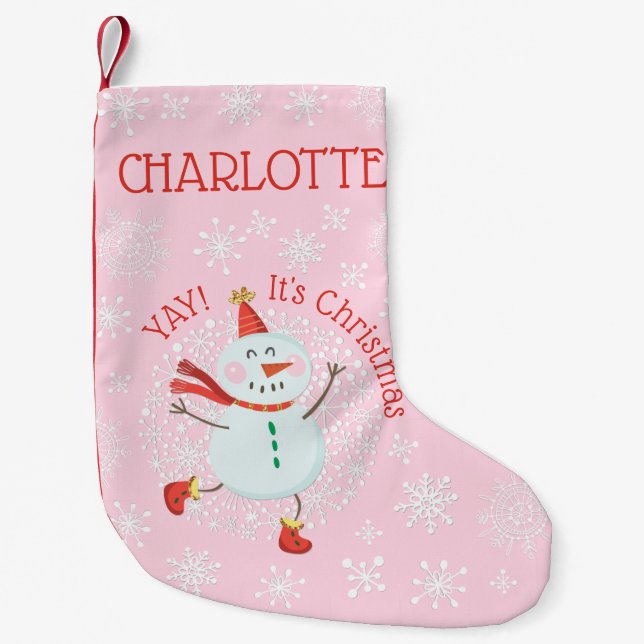 Cute Christmas Snowman Snowflakes Personalised Small Christmas Stocking (Front)