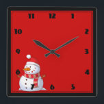 Cute Christmas Snowman Square Wall Clock<br><div class="desc">A cute Christmas snowman who is kind of chubby and jolly wearing  a striped scarf and a red christmas hat. Festive and fun.</div>