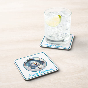 Cute Christmas snowman through wall illustrated Coaster