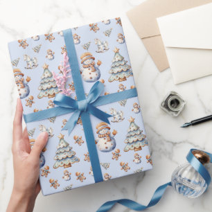 Cute Christmas Snowman Tree Gingerbread Pattern Wrapping Paper