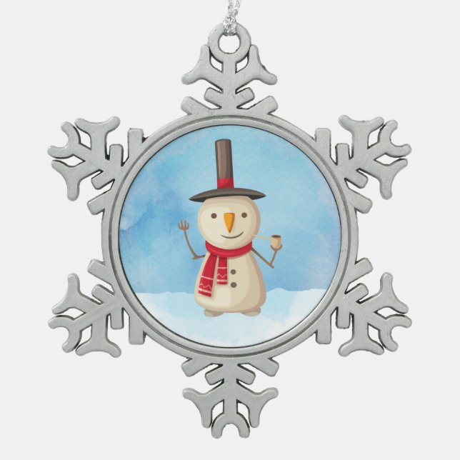 Cute Christmas Snowman Waving And Smiling Snowflake Pewter Christmas Ornament (Front)