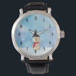 Cute Christmas Snowman Waving And Smiling Watch<br><div class="desc">Modern watch with a cute snowman illustration. He is wearing a black stovepipe hat, holding a classic corn cob pipe, and wearing a red scarf. Standing in the cold white snow smiling and waving hello. The background is composed of a watercolor sky with blue and purple colours blending and mingling...</div>