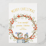 Cute Christmas Snowman Winter Berry Wreath Gold<br><div class="desc">Personalised christmas card with luxury gold foil typography. This design is lettered with Merry Christmas followed by your personalised text which is framed with a traditional rustic twig wreath with winter berries and two cute,  happy snowmen.</div>