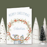 Cute Christmas Snowman Winter Berry Wreath Holiday<br><div class="desc">Personalised Christmas Card with winter berry wreath and cute snowman. The template is set up for you to add a name to the front of the card and you can also edit the message inside. The wording on the front simply reads "Merry Christmas [name]" and the design is decorated with...</div>