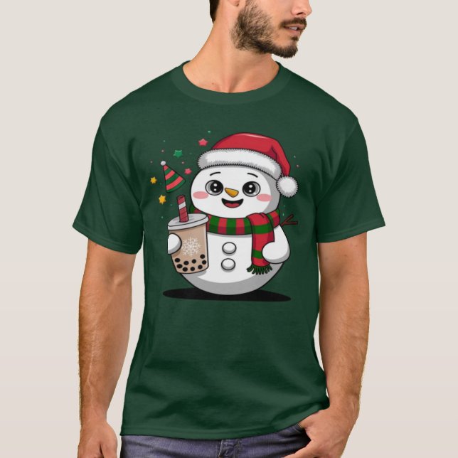 Cute Christmas Snowman with Boba Tea - Adorable  T-Shirt (Front)