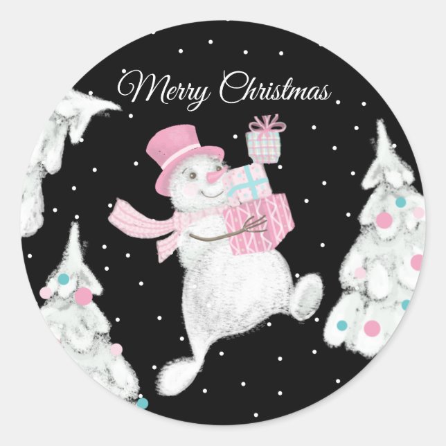Cute Christmas Snowman with Gifts Night Snow Classic Round Sticker (Front)