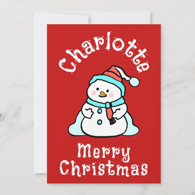 Cute Christmas Snowman With Name | Red Christmas Holiday Card (Front)