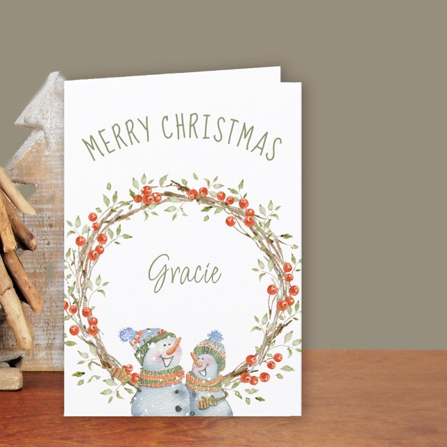Cute Christmas Snowmen Winter Berry Wreath Holiday Card (Christmas Card for someone special. Buy professionally printed or as printable digital download.)