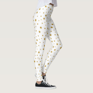 Cute Christmas Star Gold Holiday New Years White Leggings