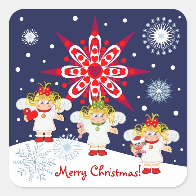 Cute Christmas sticker with text, angels & snow (Front)