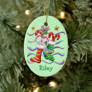 Cute Christmas Stocking Bunny Personalised Ceramic Tree Decoration