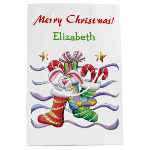 Cute Christmas Stocking Bunny Personalised Medium Gift Bag