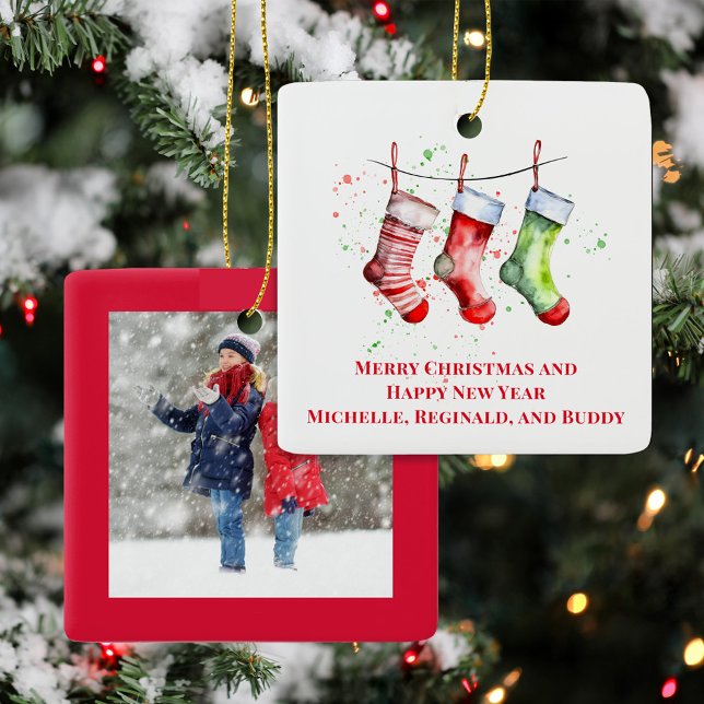 Cute Christmas Stocking Custom Photo  Ceramic Ornament (Christmas Photo Custom Cute Holiday Stocking Ornament.)