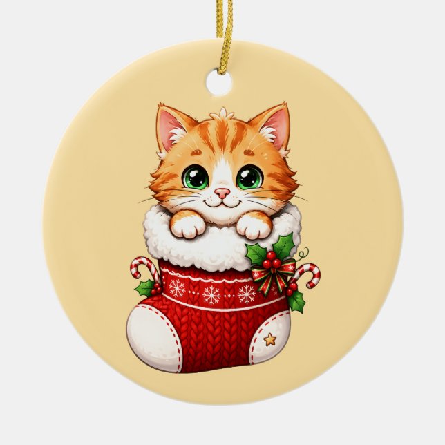 Cute Christmas Stocking Kitten Ceramic Ornament (Front)