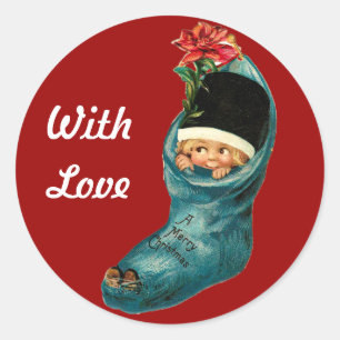 Cute Christmas Stocking ,Little Child,White Red Classic Round Sticker