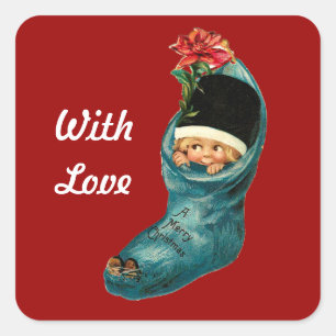 Cute Christmas Stocking ,Little Child,White Red Square Sticker