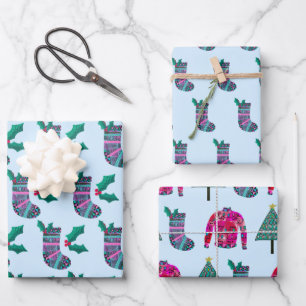 Cute Christmas Stocking Pattern Wrapping Paper Sheet