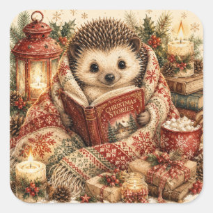 Cute Christmas Storytime Hedgehog Watercolor Square Sticker