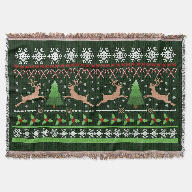 Cute Christmas Sweater Pattern Holiday Reindeer Throw Blanket (Front)