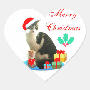 Cute Christmas Tabby Cat Heart Sticker