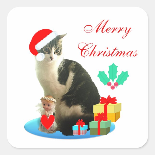Cute Christmas Tabby Cat Square Sticker (Front)