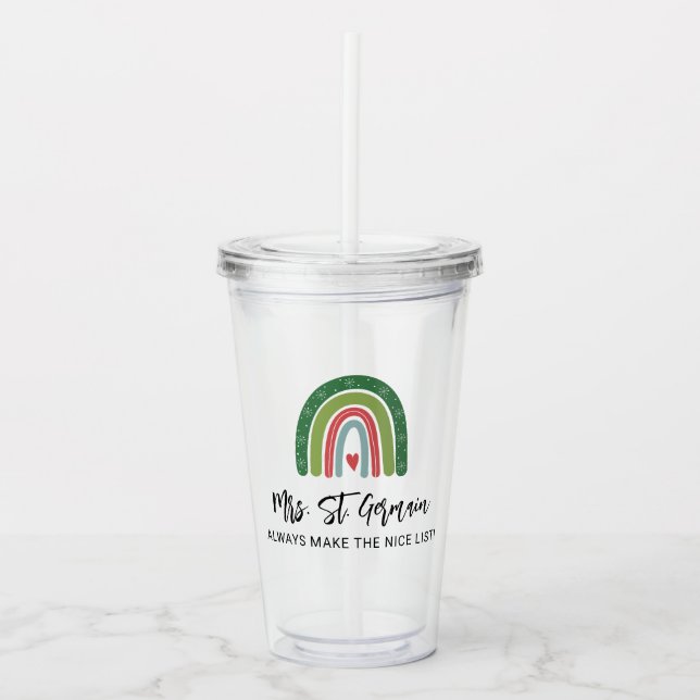Cute Christmas Teacher Rainbow Nice List Acrylic Tumbler (Front)