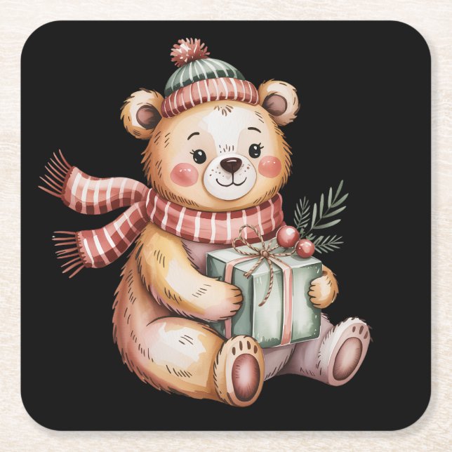 Cute Christmas Teddy Bear Holding Gift Square Paper Coaster (Front)