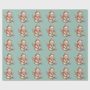 Cute Christmas Teddy Bear Holding Gift Watercolor  Wrapping Paper