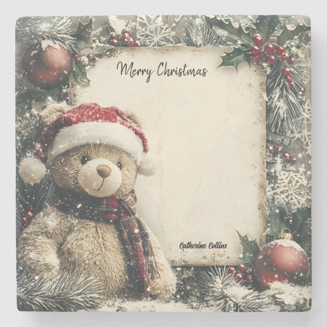 Cute Christmas Teddy Bear Illustration Design  Stone Coaster (Front)
