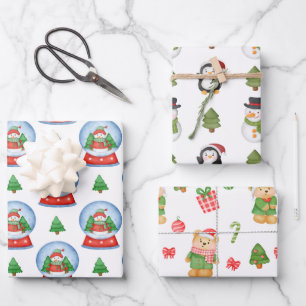 Cute Christmas Teddy Bear, Snowman, Penguin Wrapping Paper Sheet