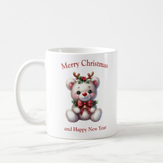 Cute Christmas teddy bear with deer antlers Coffee Mug (Left)