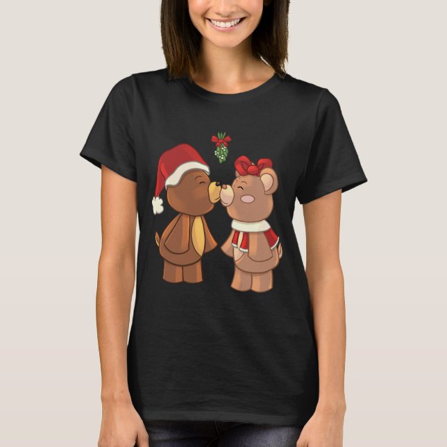Cute Christmas Teddy Bears Kissing Under Mistletoe T-Shirt (Front)